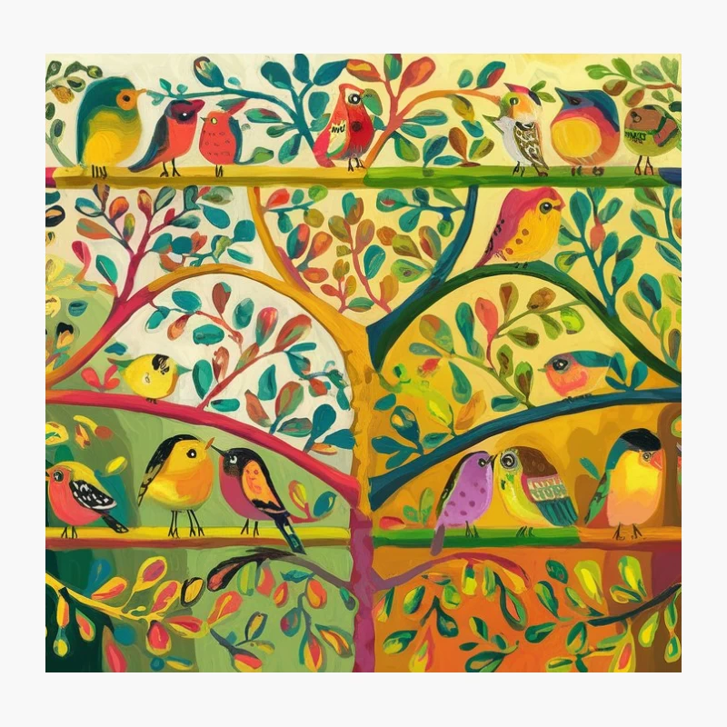 Whimsical Folk Art Birds in Colorful Tree Illustration Throw Pillow