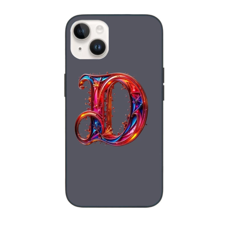 Ornate Gothic Letter D with Vibrant Red and Blue Design iPhone Case