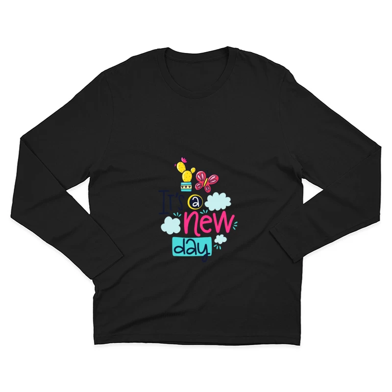 Un Nouveau Jour avec Cactus et Papillon Homme Manches Longues T-Shirt