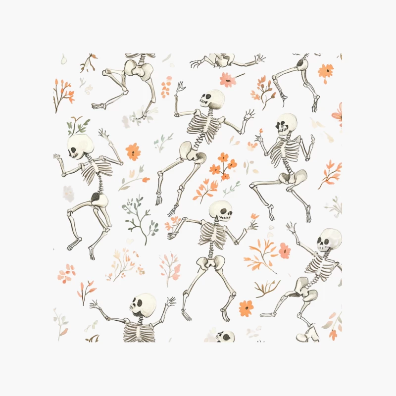 Cheerful Dancing Skeletons with Floral Halloween Pattern Cotton Tote Bag