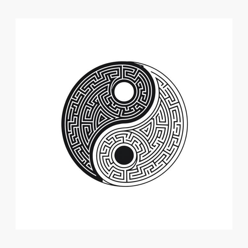 Intricate Yin Yang Maze: Symbolic Balance in Black and White Throw Pillow
