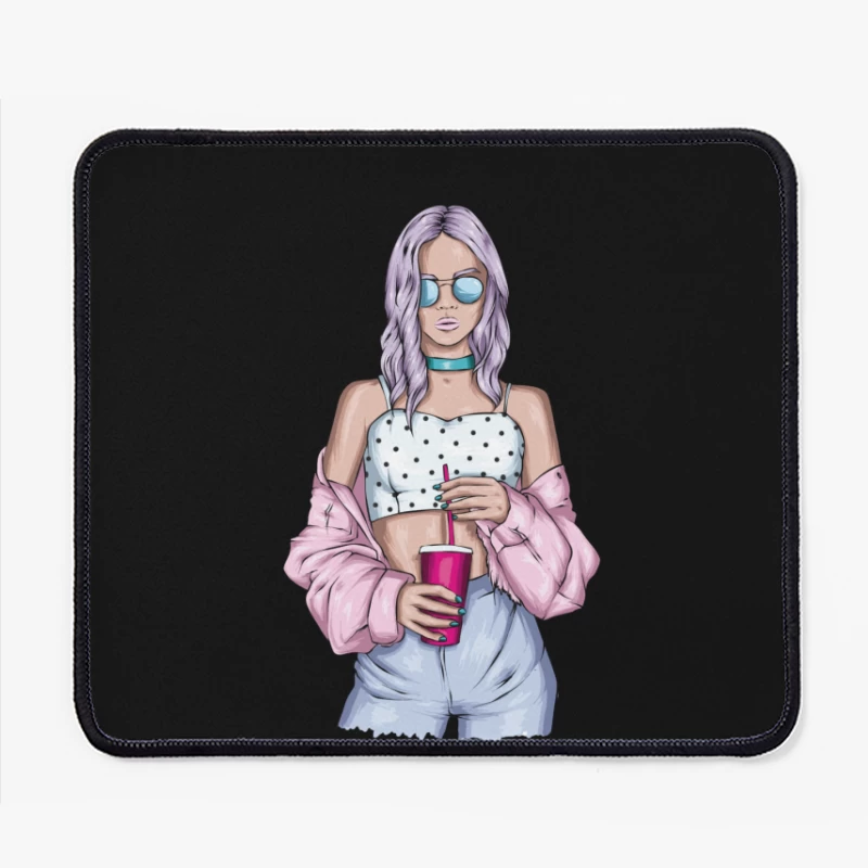Trendy Young Woman with Drink Mouse Pad
