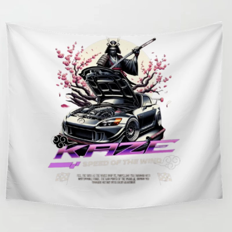 Samurai Warrior Honda S2000 with Cherry Blossoms in Anime Style Tapestry