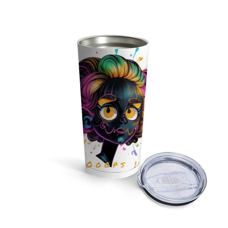 Whimsical Cartoon Character with Rainbow Hair and Paint Splashes Travel Mug