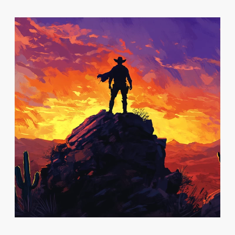 Lone Cowboy Silhouette at Dramatic Desert Sunset Throw Pillow