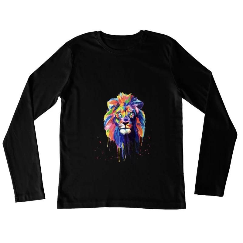 Bunter Löwenkopf auf Schwarz Damen Langarm T-Shirt