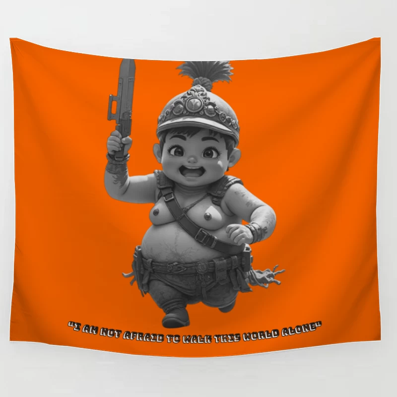 Adorable Chubby Warrior Character with Crown and Sword Tapestry