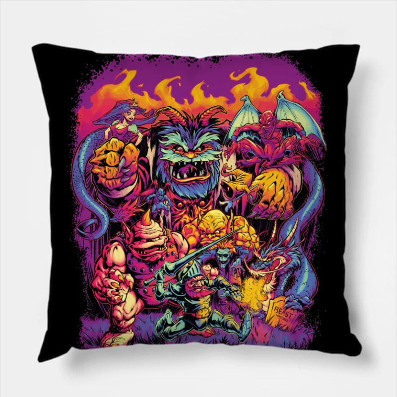 Epic Fantasy Battle with Colorful Monsters Throw Pillow