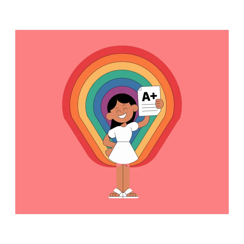 Joyful Student Celebrating A+ Grade Against Rainbow Background Tapestry