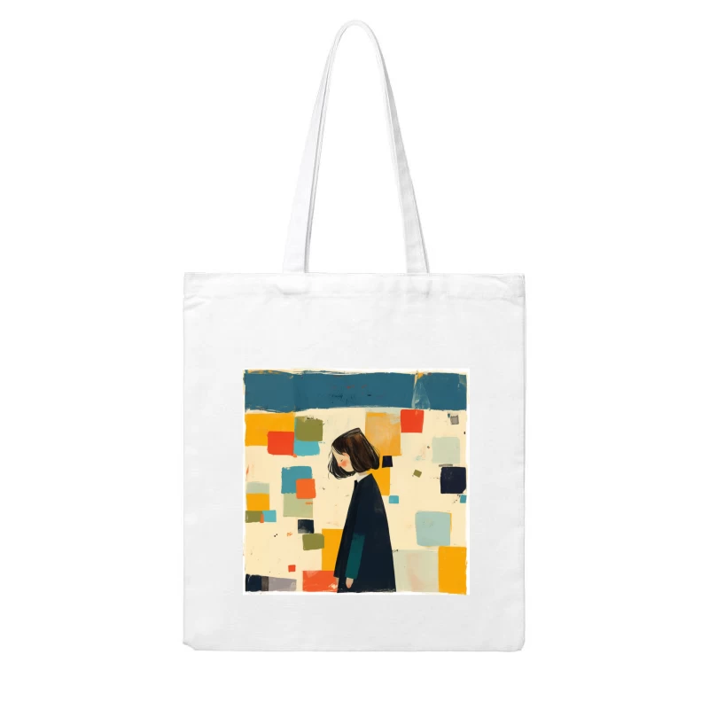 Minimalist Illustration of Figure in Black Coat Against Colorful Abstract Squares Cotton Tote Bag