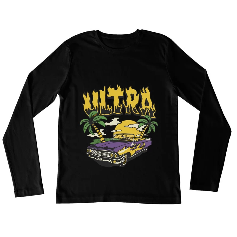Cooles Auto mit Palmen und Sonnenuntergang Damen Langarm T-Shirt