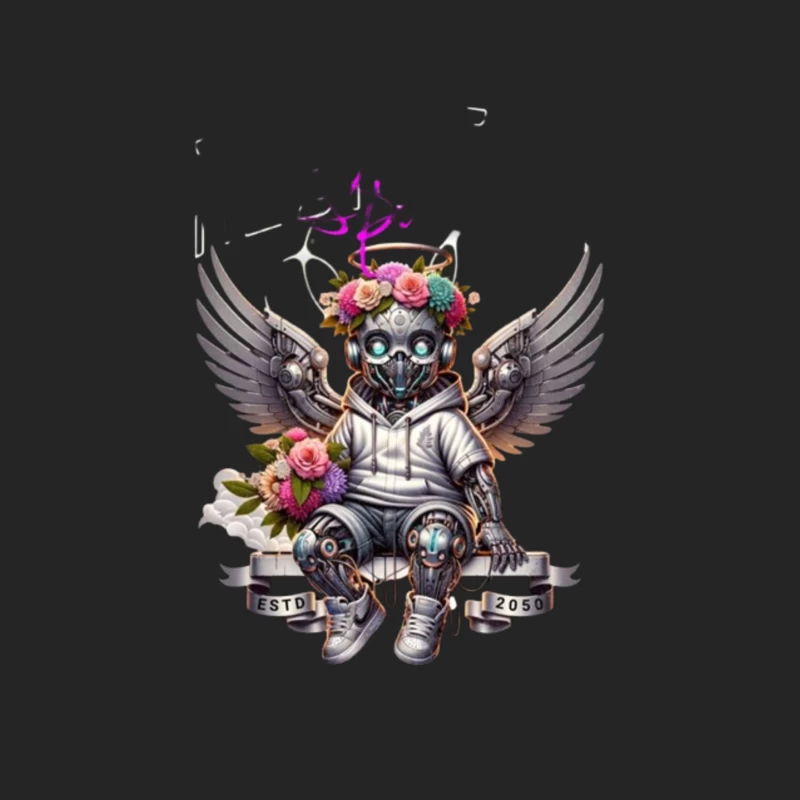 Angelic Steampunk Robot with Floral Crown and Wings Male Pullover Sweatshirt