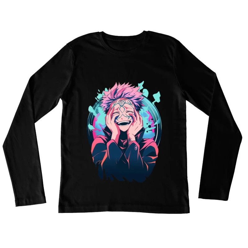 Lachender Anime-Charakter mit Muster Damen Langarm T-Shirt
