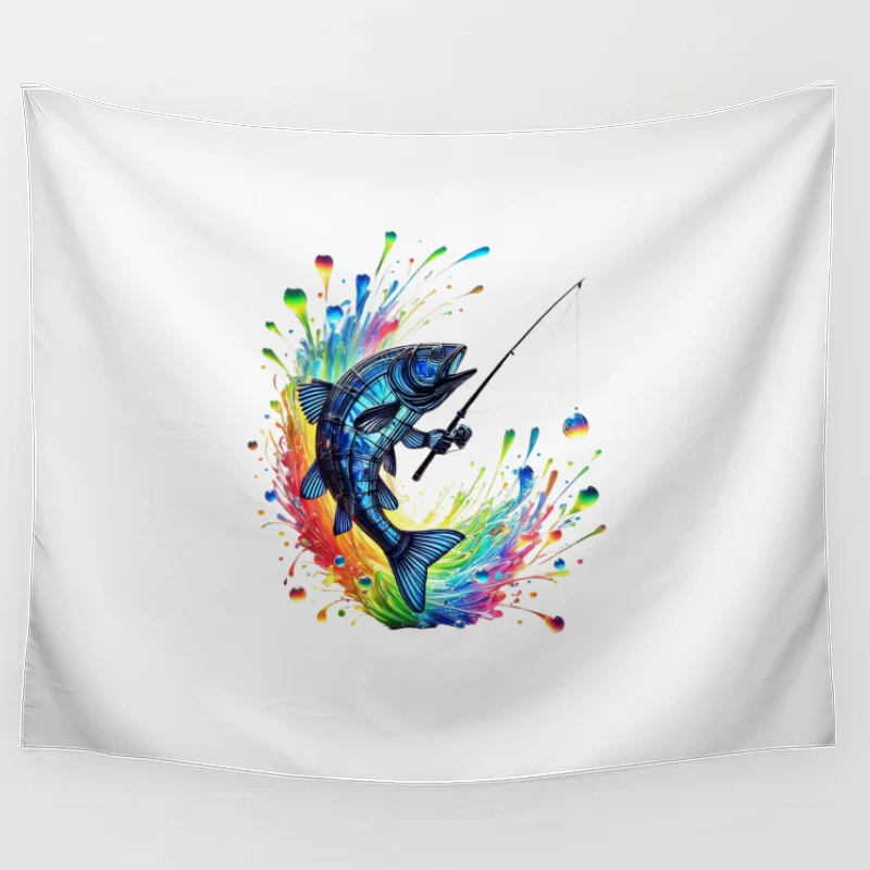 Rainbow Splatter Fish with Fishing Rod Art Tapestry