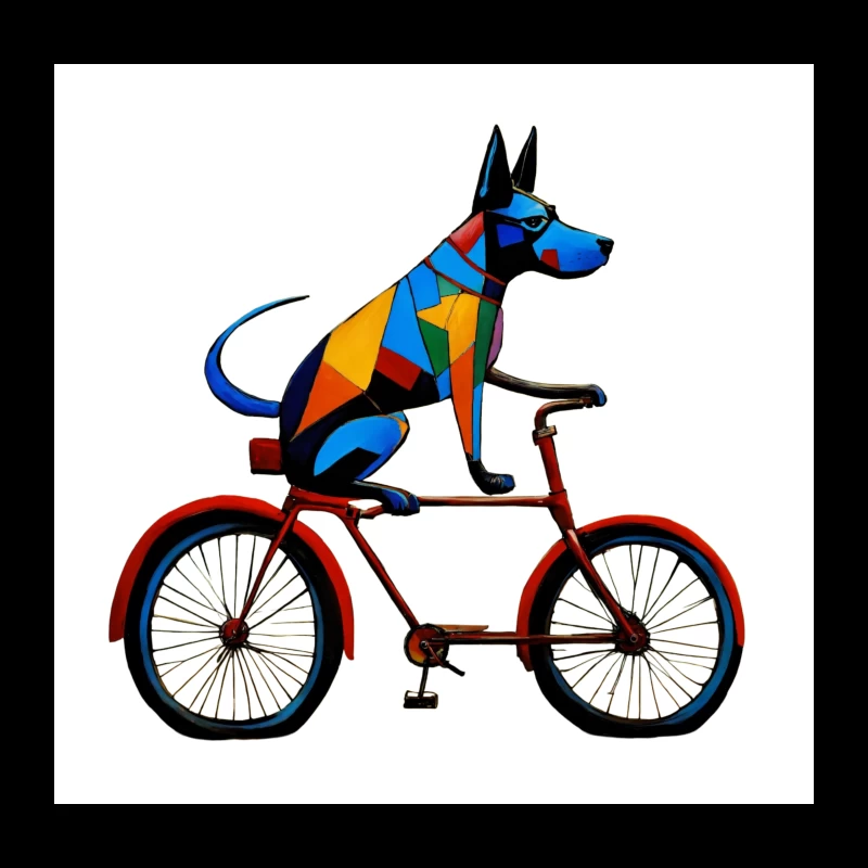 Geometric Colorful Dog Riding Red Bicycle Art Throw Pillow