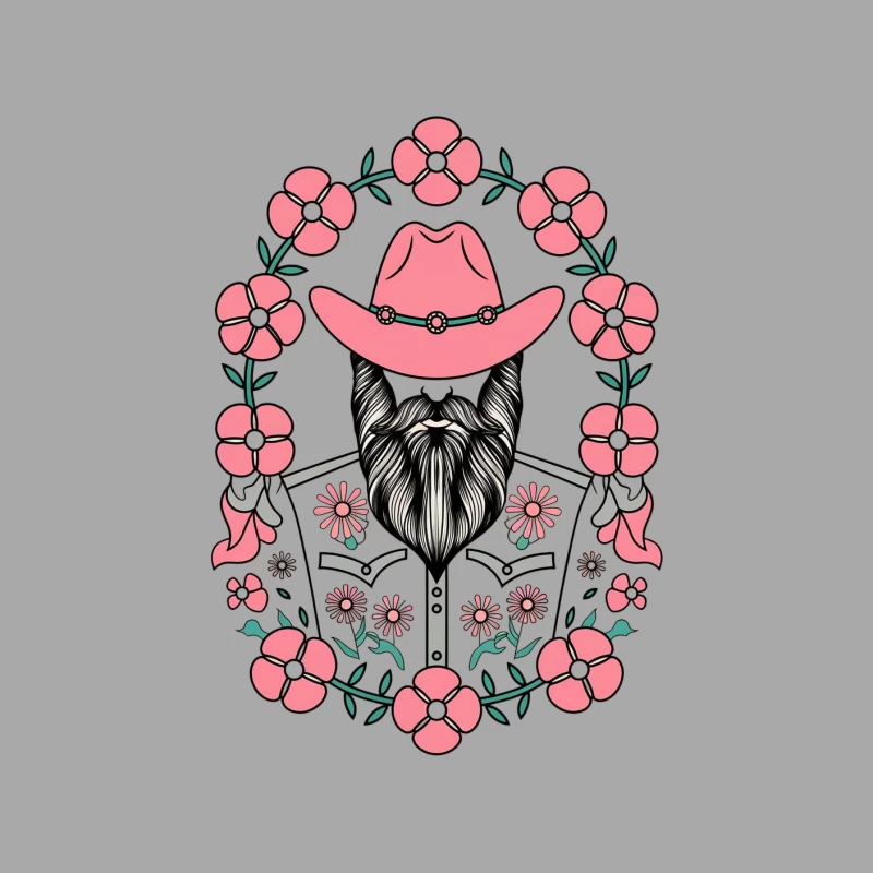 Bearded Cowboy in Pink: Floral Western Illustration Male Pullover Hoodie