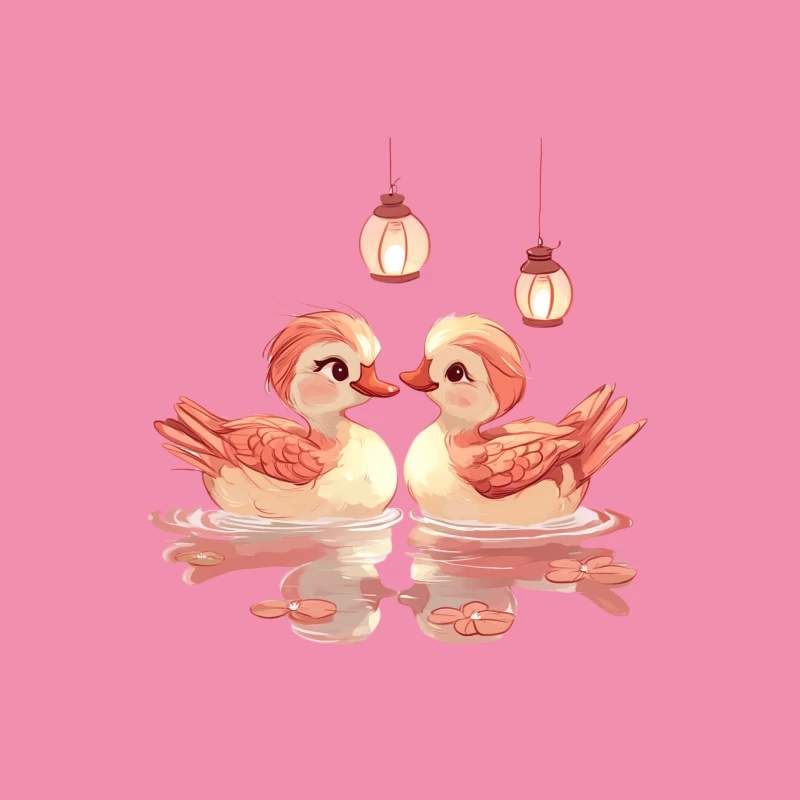 Cute Cartoon Ducks with Lanterns in Water Reflection Female T-Shirt