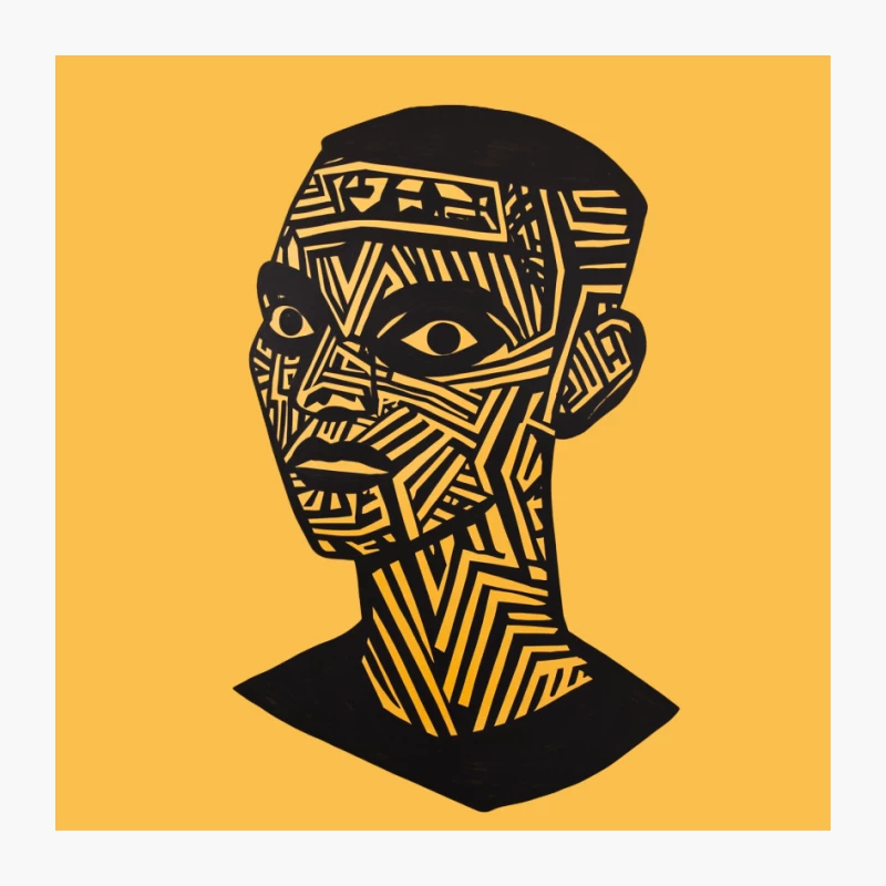 Geometric Tribal Face: Abstract Yellow and Black Modern Art Pin