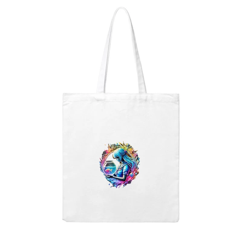 Dreamy Anime-Style Portrait with Goldfish and Urban Fantasy Background Cotton Tote Bag