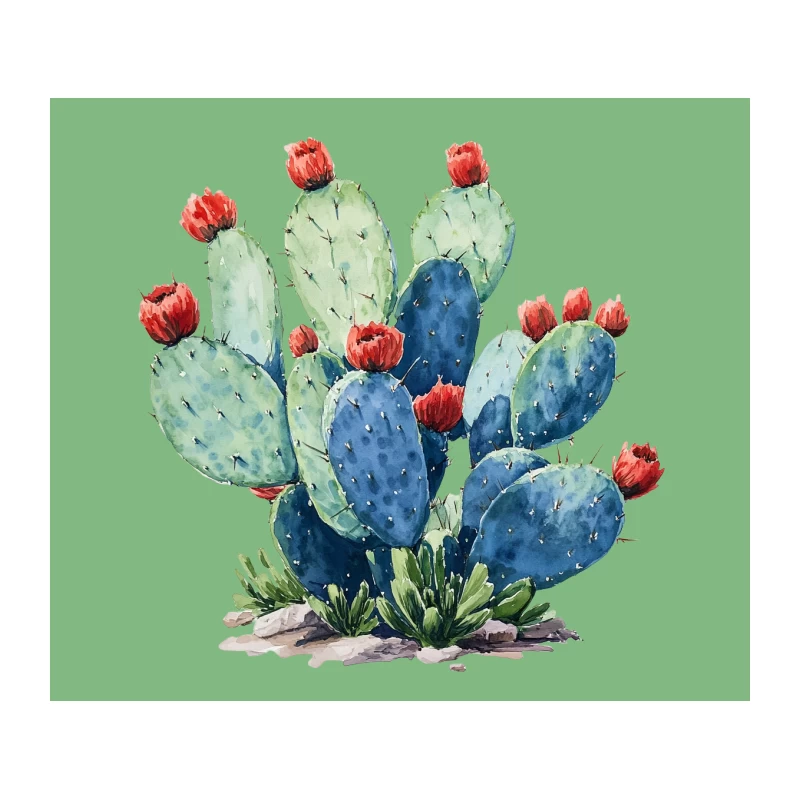Vibrant Watercolor Prickly Pear Cactus with Red Blooms Tapestry