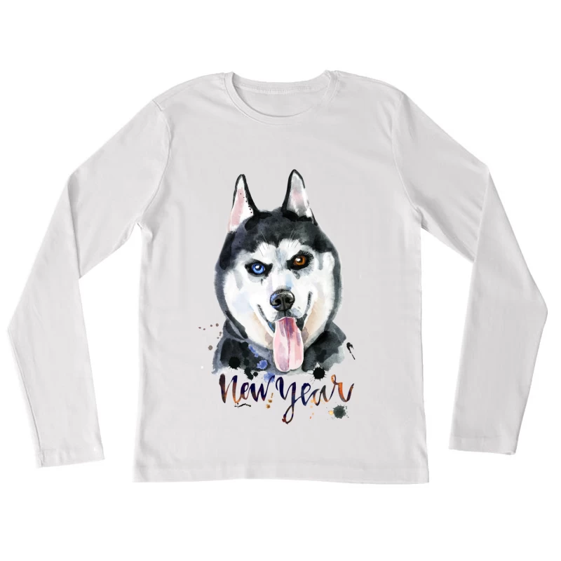 Illustration de chien Husky pour le Nouvel An Femme Manches Longues T-Shirt