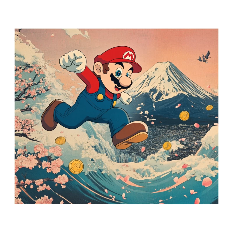 Mario Surfing a Wave in Japanese-Inspired Video Game Art Tapestry