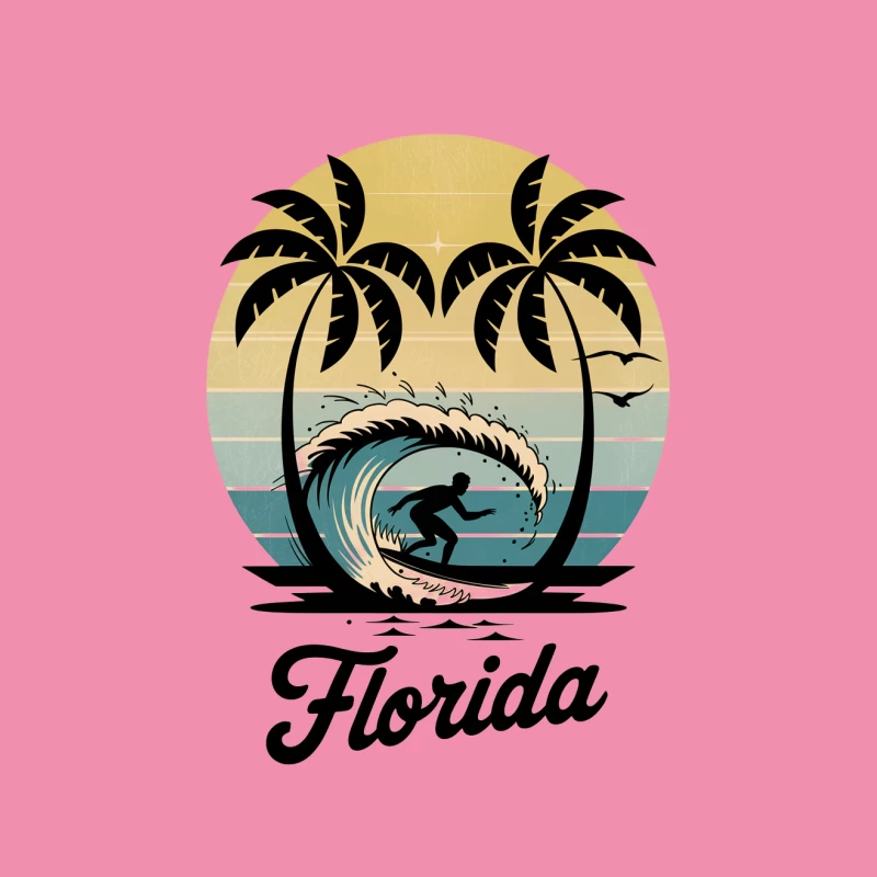 Retro Florida Beach Surfing Scene with Palm Trees at Sunset Female T-Shirt