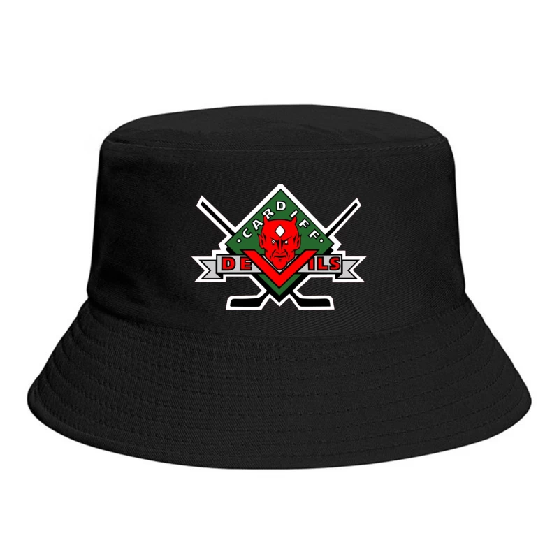 Cardiff Devils Hockey Team Logo with Red Devil Mascot Bucket Hat