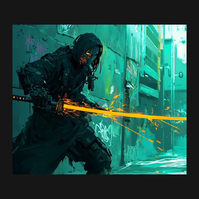 Cyberpunk Samurai Wielding Glowing Sword in Neon Alleyway Mouse Pad