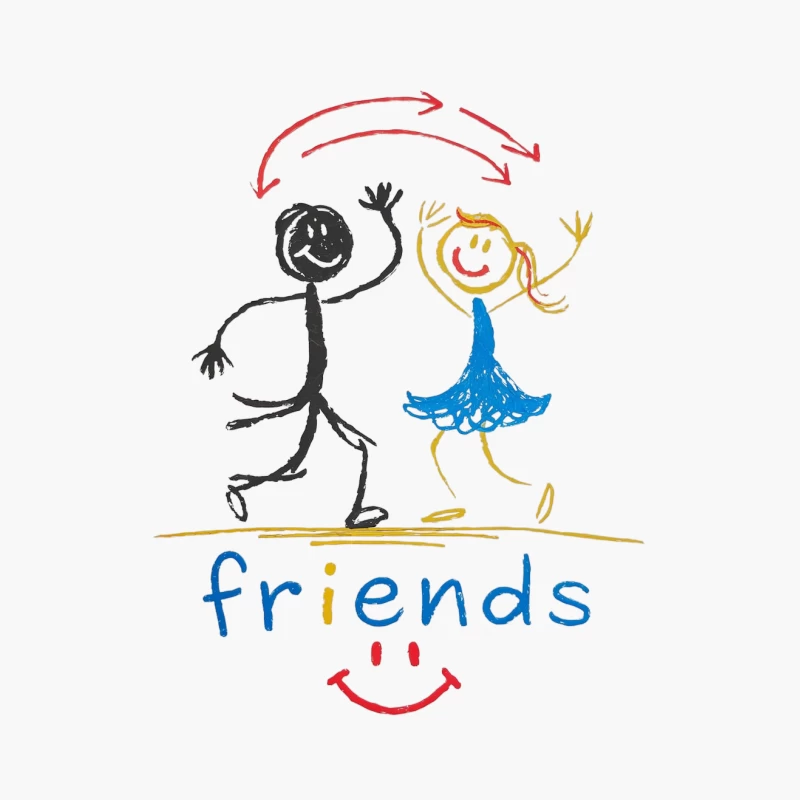 Cheerful Stick Figure Friends in Colorful Children's Drawing Cotton Tote Bag