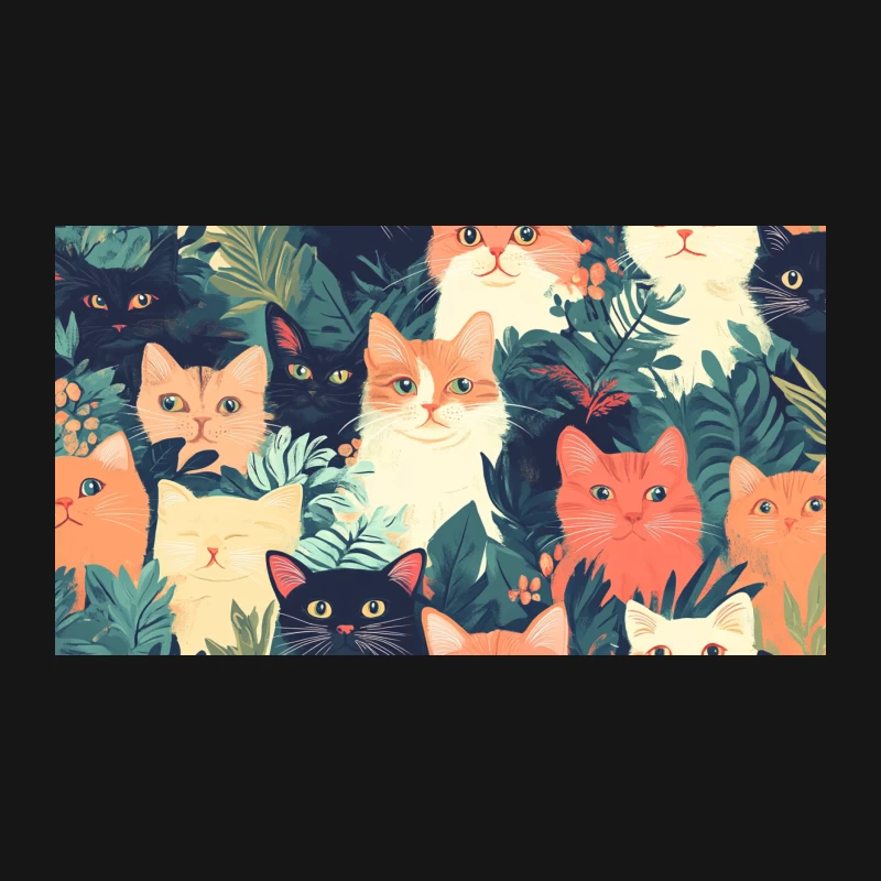 Colorful Feline Faces in Tropical Foliage Illustration Desk Mat