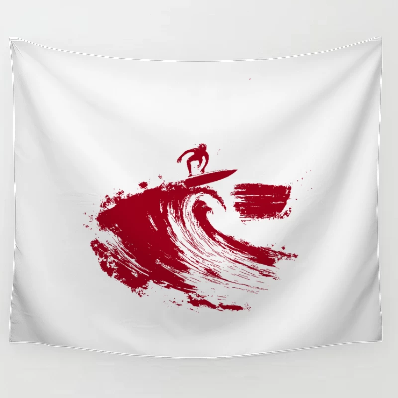 Red Minimalist Surfer Riding Ocean Wave Tapestry