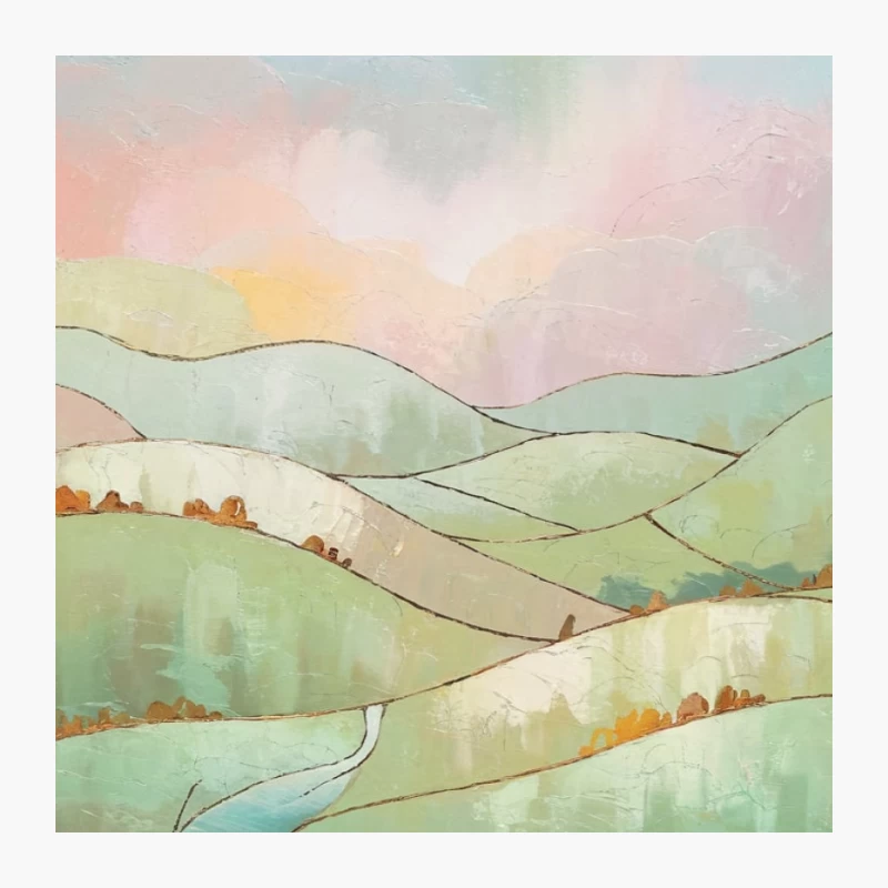 Pastel Watercolor Landscape with Rolling Hills and River Pin