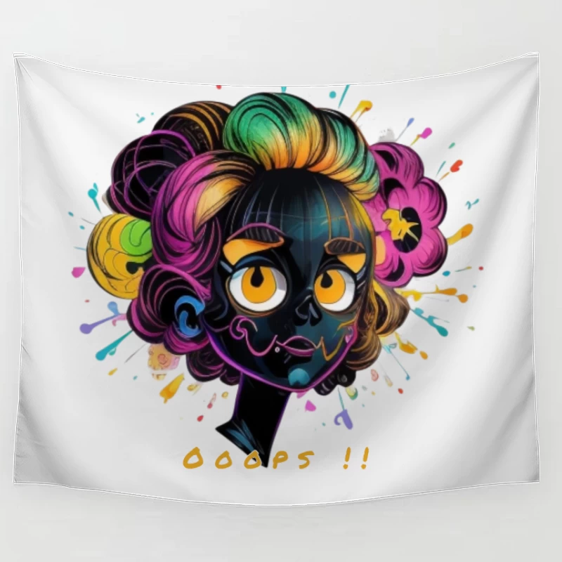 Whimsical Cartoon Character with Rainbow Hair and Paint Splashes Tapestry