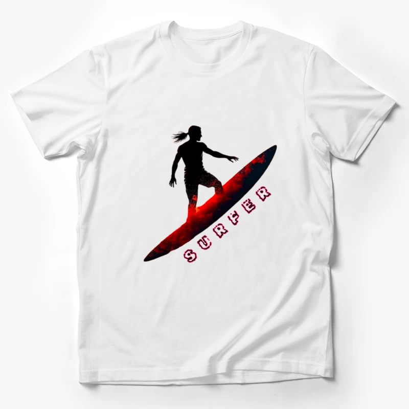 Dynamic Surfer Silhouette with Red Wave Effect Male T-Shirt