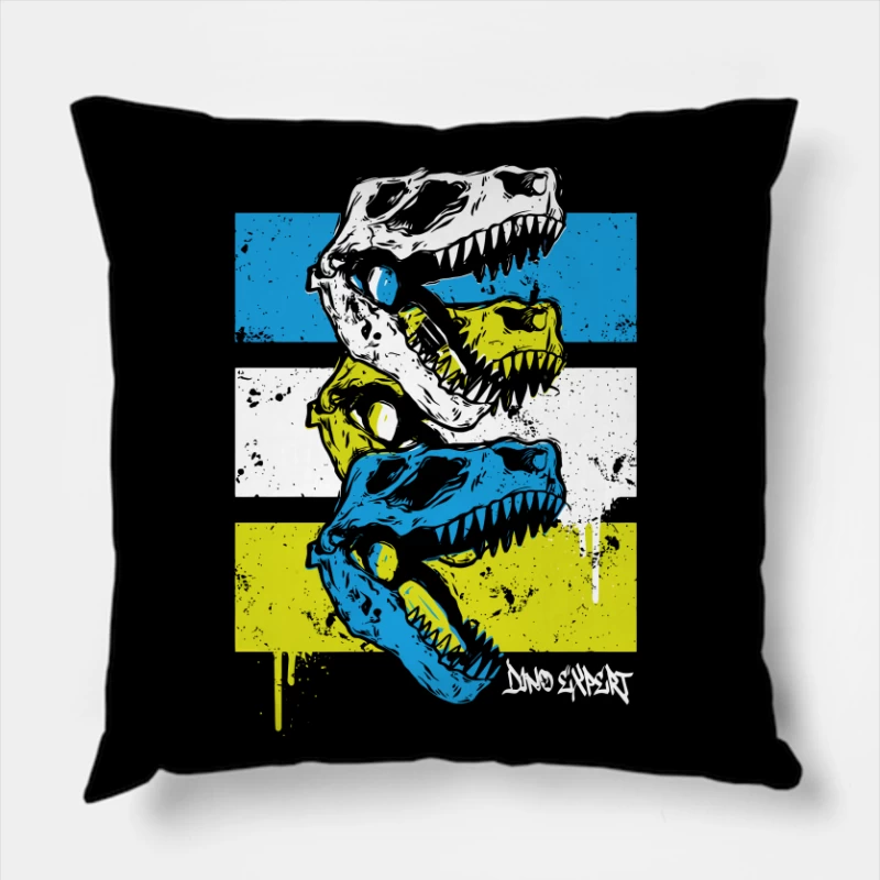 Layered T-Rex Skulls: Grunge Street Art Aesthetic Throw Pillow