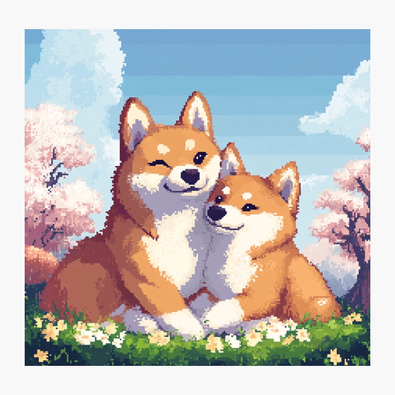 Adorable Pixel Art Shiba Inus in Spring Cherry Blossom Scene Throw Pillow