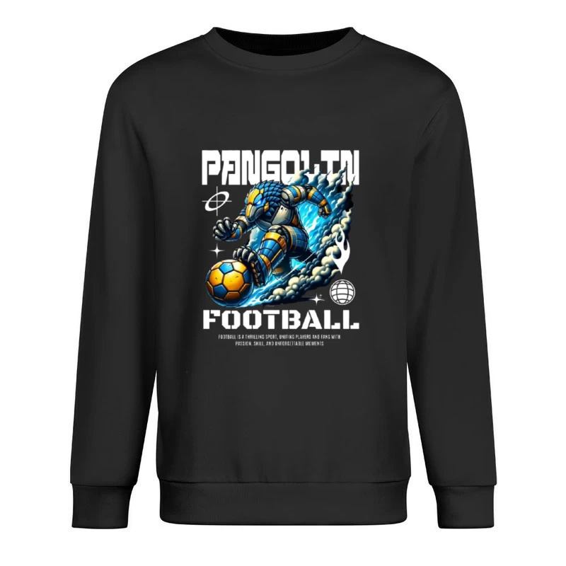 Robotic Soccer Player with Blue Armor in Dynamic Motion Male Pullover Sweatshirt