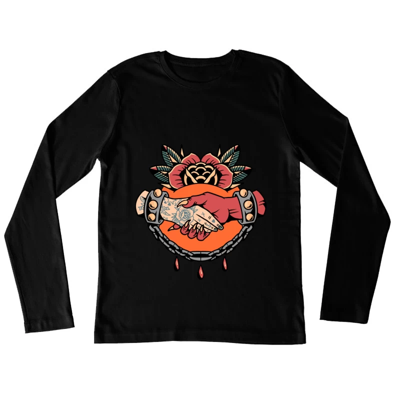 Symbolic Handshake Artwork with Floral and Chain Elements Female Long Sleeve T-Shirt