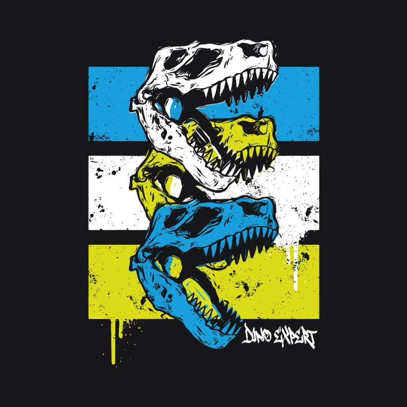 Layered T-Rex Skulls: Grunge Street Art Aesthetic Male Pullover Hoodie