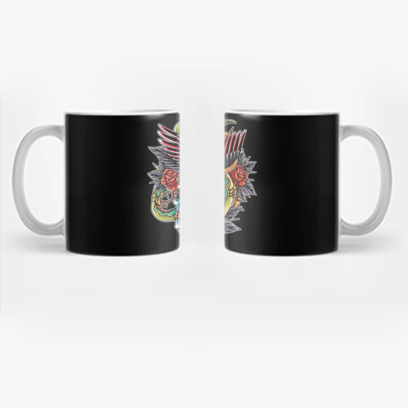 Colorful Tattoo Design Featuring a Skull, Eagle, and Snake Coffee Mug