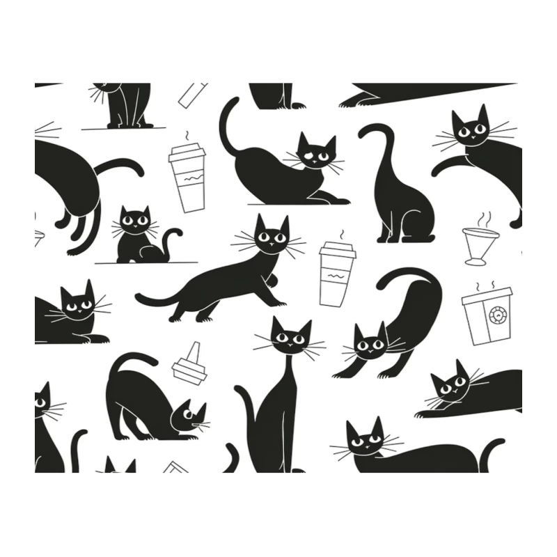 Playful Black Cat and Coffee Pattern Tapestry