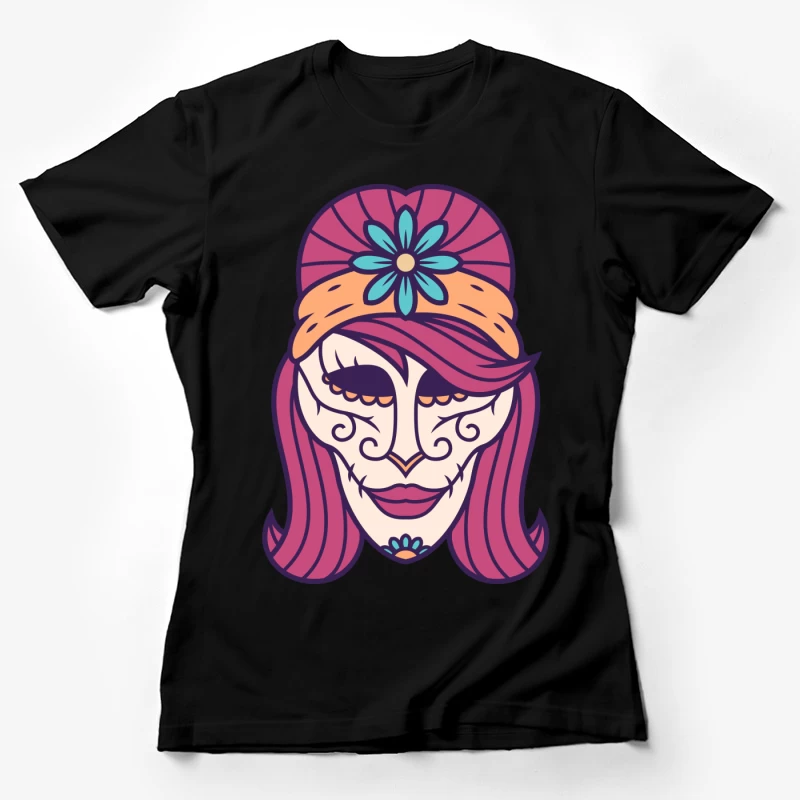 Masque de calavera coloré avec motif floral Femme T-Shirt