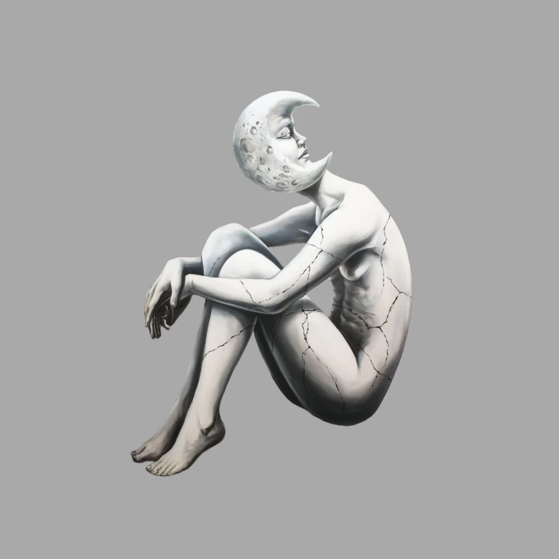 Surreal Moonhead Sculpture: Cracked Porcelain Figure in Monochrome Female Pullover Hoodie