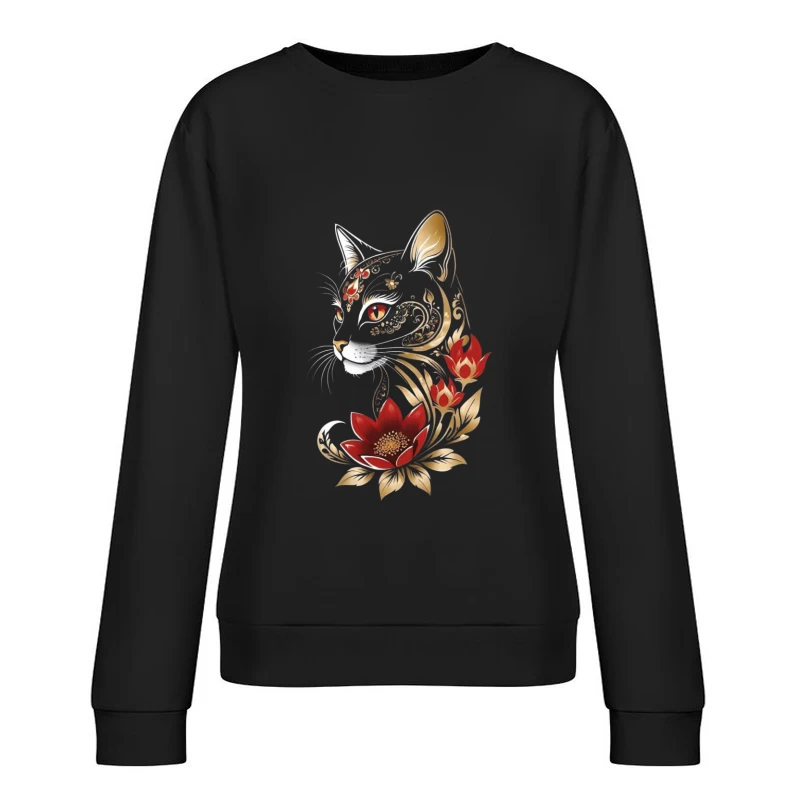 Decorative Black Cat with Flowers Female Pullover Sweatshirt