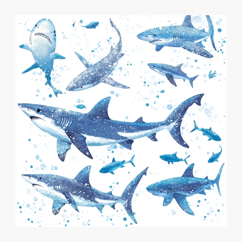 Watercolor Illustration of Blue Sharks in the Ocean Pin