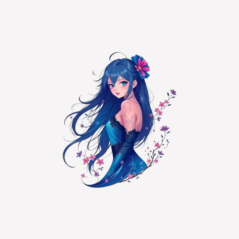 Elegant Anime Girl with Blue Hair and Floral Accents in Evening Dress Male T-Shirt