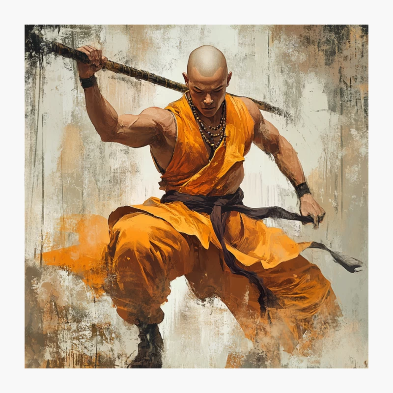 Shaolin Monk Performing Kung Fu with Staff Pin