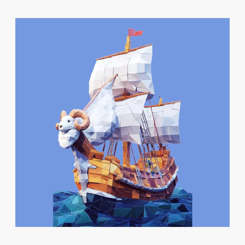 Geometric Low Poly Fantasy Ship with Ram Figurehead Sailing on Stylized Sea Throw Pillow