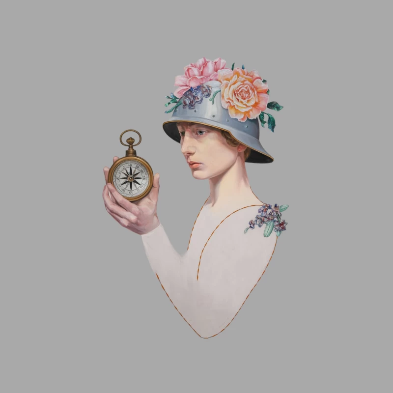 Surreal Vintage Portrait with Floral Hat and Compass Male Pullover Hoodie